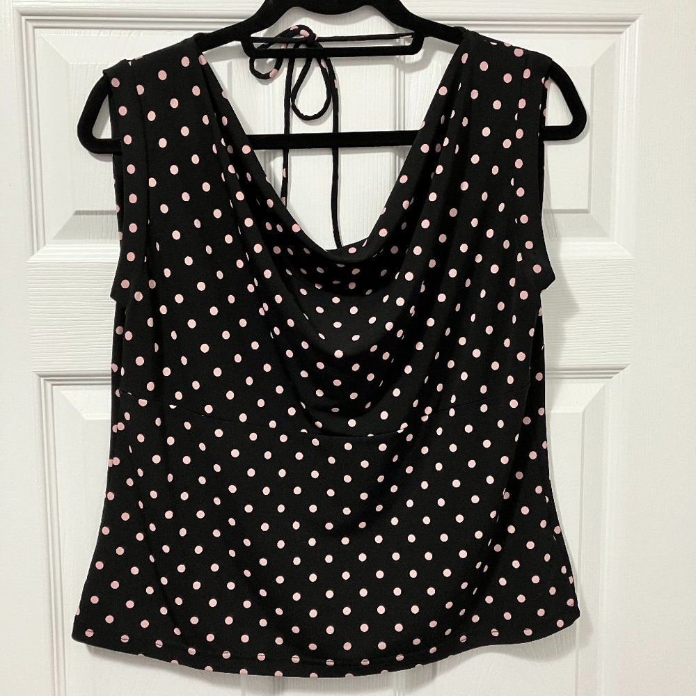 Dressy sleeveless top w/ draped neckline - black with light pink polkadots, Lg